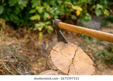 A sharp hatchet embedded in a tree stump in the backyard The Spirit of Rural Life