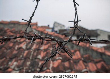 Sharp Intersecting Wire Spikes Stand Out Against A Softly Blurred Urban Background.