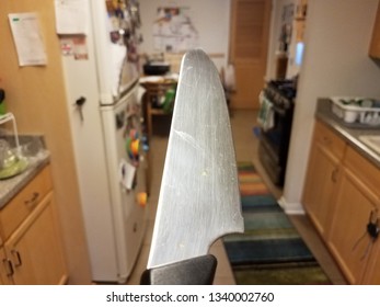 Sharp Metal Knife In Kitchen First Person Perspective