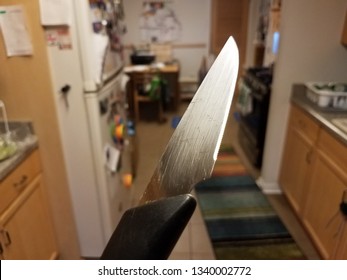 Sharp Metal Knife In Kitchen First Person Perspective