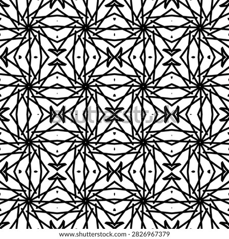 Sharp radiating star bursts interlock with diamond and arrow motifs, forming an intricate, symmetrical geometric grid in bold black linework.