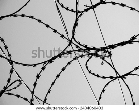 Sharp razor wire fencing, silhouetted against a bright blue sky.  The city of Nottingham, UK.  Spirals and twists in the wire.  Metal security fence in an urban setting.  Looking upward.  March 2009.