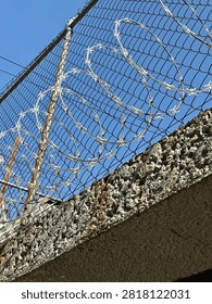 Sharp razor wire tape coiled on top of a chain link fence with a concrete wall against a clear blue sky.