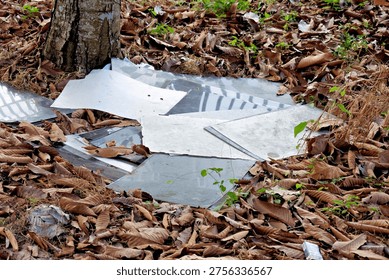 Sharp, reflective discarded sheets lying scattered among dry, withered autumn foliage at the base of a tree, highlighting themes of pollution and decay