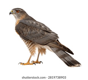 Sharp Shinned Hawk Standing In An Alert Pose Wi Isolated On White Background