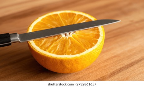 A sharp silver knife with a black handle is partially inserted into a vibrant, juicy orange half resting on a warm wooden cutting board, ready for slicing.
