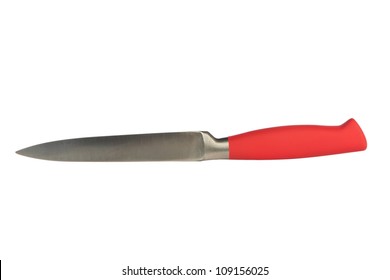 A Sharp Steak Knife Isolated On White Background With Red Handle.