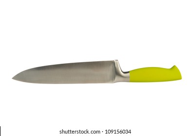 A Sharp Steak Knife Isolated On White Background With Green Handle.