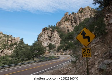 A Sharp Turn Road Sign On A Mountain Road. Mount Lemmon, Arizona.