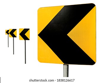 Sharp Turn Road Signs. Black Arrows On Yellow Traffic Sign Pointing Left.