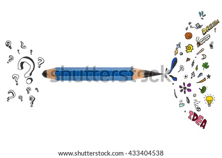 Sharp and unsharp pencil in one piece isolated on white background. Unsharp side with many question marks and sharp side with creative objects and idea.