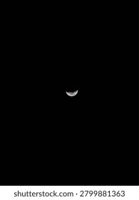A sharp white crescent moon shining in a vast pitch black night sky.