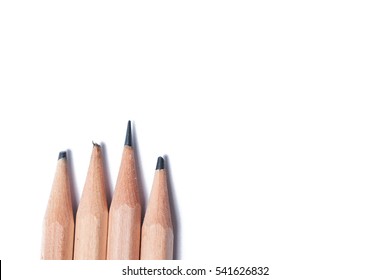 A sharpen pencil among blunt pencils white background  present idea smart   intelligent 
