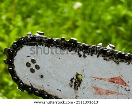 Sharpened sharp teeth of an electric saw chain on a blurred green background.