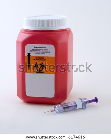 Sharps collector container and hypodermic syringe