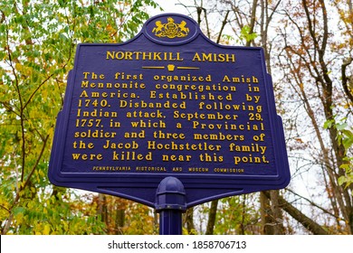 Shartlesville, PA, USA - October 31, 2020: The Historical Marker Noting The First Amish Settlement In America And The Attack During The French And Indian War.