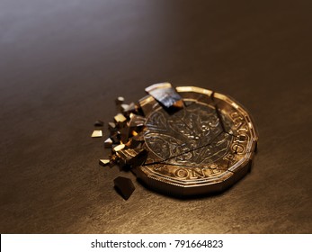 Shattered British Pound Coin On Dark Background (warm Tones)