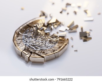 Shattered British Pound Coin On White Background