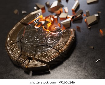 Shattered British Pound Coin On Dark Background (warm Tones)