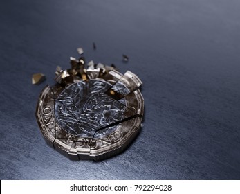 Shattered British Pound Coin On Dark Background (cold Tones)