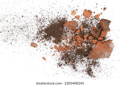 Shattered, broken tiles, bricks and dirt isolated on white, top view - Shutterstock ID 2303400245