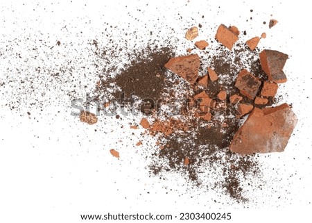 Shattered, broken tiles, bricks and dirt isolated on white, top view