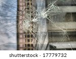 Shattered Houston Landscape After Hurricane Ike Reflected in Broken Glass Office Window