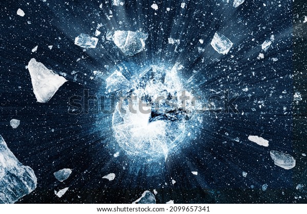Shattered ice background. Crushed ice\
pieces spread away from the center in black\
background.