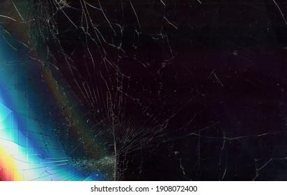 Shattered screen background. Dust scratches texture. Dark distressed faded TV display matrix with smeared dirt noise orange blue white glow defect empty space poster.