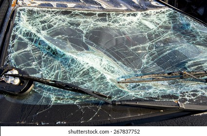 A Shattered Windshield From A Crashed Car.