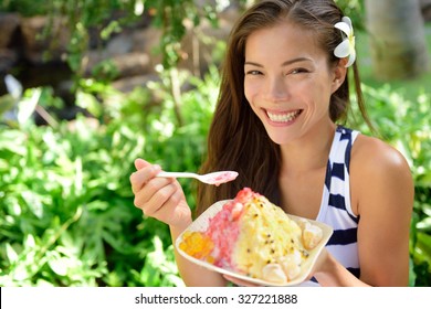 Shave Ice - Hawaiian Shaved Ice Dessert. Close Up Of Traditional Local Hawaii Dessert Food.