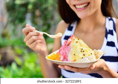 Shave Ice - Hawaiian Shaved Ice Dessert. Close Up Of Traditional Local Hawaii Dessert Food.