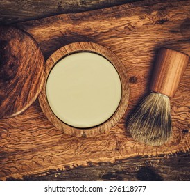 Shaving Brush And Soap On A Luxury Wooden Background 