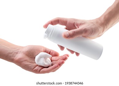 Shaving Foam Bottle In Hands Close-up On A White Background, Isolated. Mockup, Layout