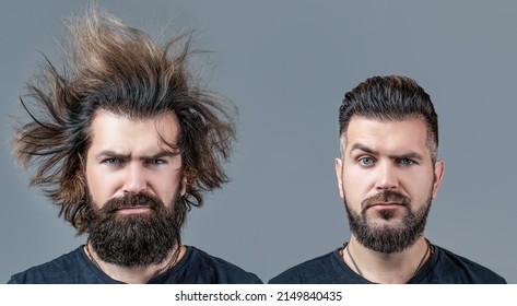 El pelo, el pelo. Barba, afeitarse antes, después. Barba larga Estilo pelo de pelo estilista Collage hombre antes y después de visitar la barbería, diferentes cortes de pelo, bigote, barba. Belleza masculina, comparación.