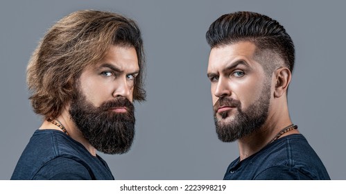 Shaving, hairstyling. Beard, shave before, after. Long beard Hair style hair stylist. Collage man before and after visiting barbershop, different haircut, mustache, beard. Male beauty, comparison. - Shutterstock ID 2223998219