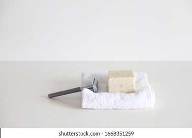 Shaving Kit In A Zero Waste Bathroom. Safety Razor And Shaving Soap Bar.