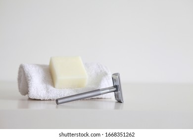 Shaving Kit In A Zero Waste Bathroom. Safety Razor And Shaving Soap Bar.