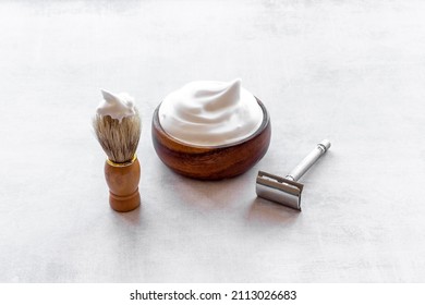 Shaving Razor And Foam In Bowl - Barber Tools Equipment