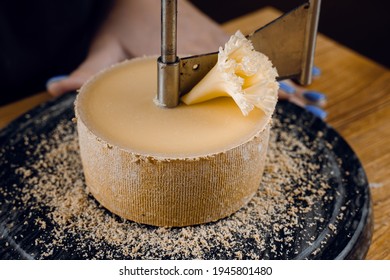 Shaving Tete De Moine Cheese Using Girolle Knife. Variety Of Swiss Semi-hard Cheese Made From Unpasteurized Cows Milk, The Name Monks Head