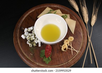 Shavuot Table, With Cheese Platter And Wheat Stalks, Jewish Holiday Of Wheat Harvest