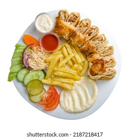shawarma with chicken in Arabic isolated on white top view