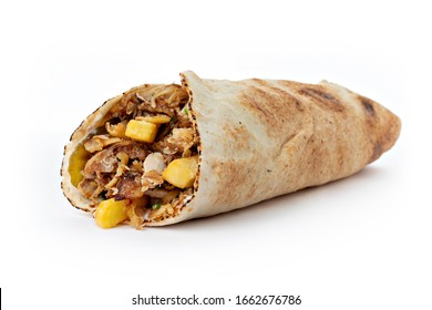 Shawarma Sandwich Fresh Roll Of, Grilled Chicken And Salad Tortilla Wrap With White Sauce Isolated On White Background. Image