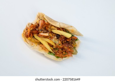 Shawarma Sandwich Fresh Roll Of, Grilled Chicken And Salad Tortilla Wrap With White Sauce Isolated On White Background. 
Shawarma Sandwich - Fresh Roll With Grilled Chicken, Cabbage, Carrots, Sauce