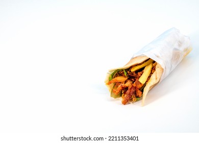 Shawarma Sandwich Fresh Roll Of, Grilled Chicken And Salad Tortilla Wrap With White Sauce Isolated On White Background. Shawarma With Grilled Chicken, Cabbage, Carrots, Sauce, Green. 