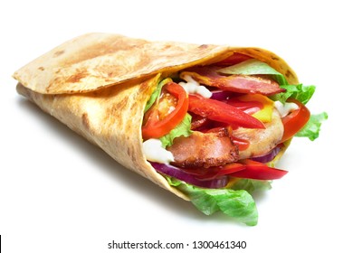 Shawarma Sandwich Isolated On White Background. Gyro Fresh Roll With Pita With Grilled Chicke, Lettuce Salad, Bacon, Tomato, Sauces, Cheese And Vegetables.