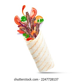 Shawarma sandwich isolated on white background. Gyro fresh roll with pita with grilled chicke, lettuce salad, bacon, tomato, sauces, cheese and vegetables. - Shutterstock ID 2247728137