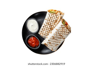 Shawarma, rollo de pollo de Shaurma con ensalada de verduras. Aislado sobre fondo blanco