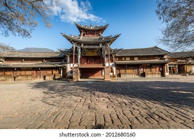 Shaxi, Yunnan, China - January, 2021: The building of the old theatre with an open air stage built in the ancient village of Shaxi, near Dali, Yunnan, China, in the tradtional style of Bai people