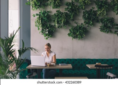 She Has A Busy Coffee Break.Woman  Working On Laptop In Cafe Bar